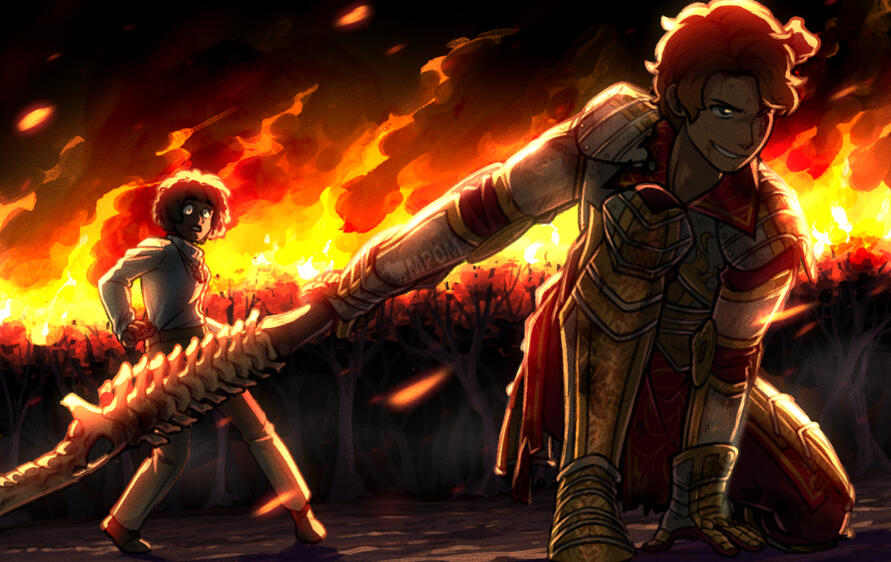 Two characters in front of a burning forest. The one in back is looking on in shock, and the one in front is battered, protecting them with his weapon.