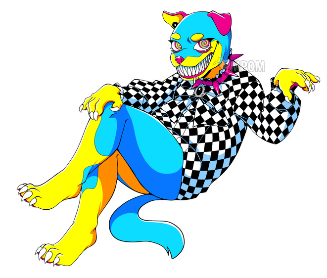 A vibrant blue, yellow, and pink rottweiler character wearing a checkered shirt and spiked pink collar.