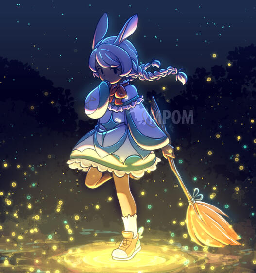 Art Fight Entry. A rabbit girl with a frilly dress walking on water. Yellow light is emitting from the water.