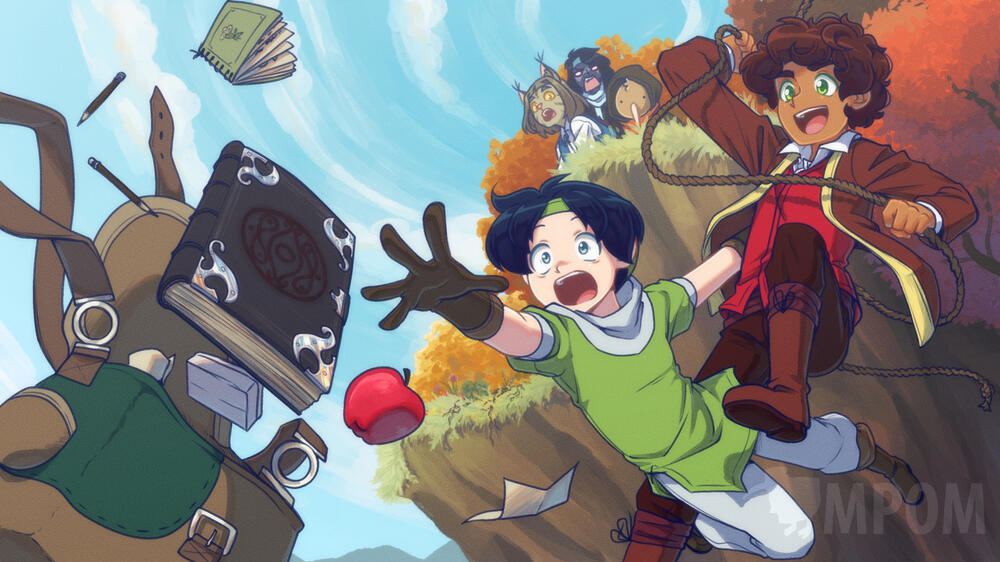 Milo's bag is falling, and the contents are falling out (A mystical book, a box, an apple, paper, pencils, and a notepad) Milo is reaching out to grab it in midair as he also falls. Luke is falling with him, but he is holding on to a rope.