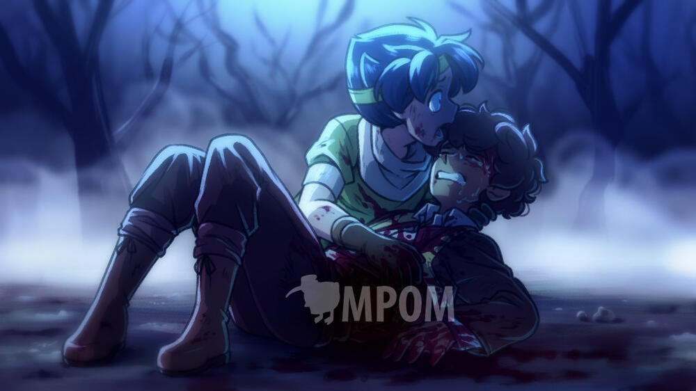 Luke laying on the ground, wounded, in a swamp, and Milo is holding him, calling for help.