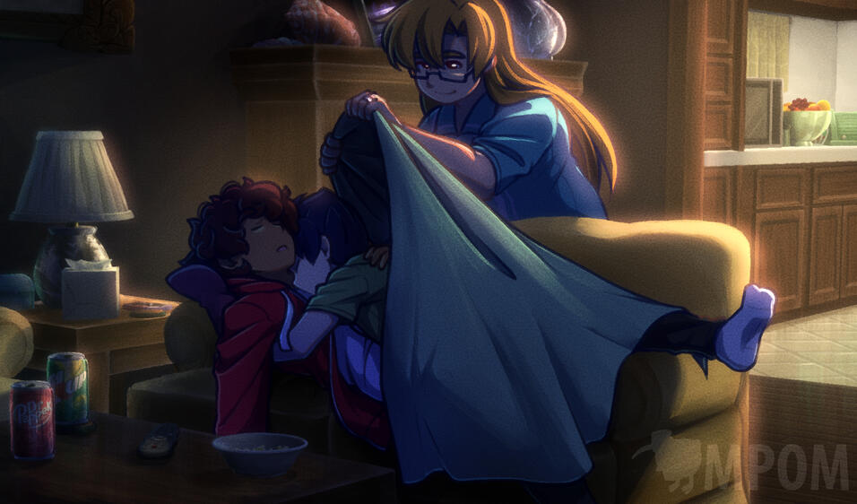 Luke and Milo are asleep on the couch together, and Camilla pulling a blanket over them.