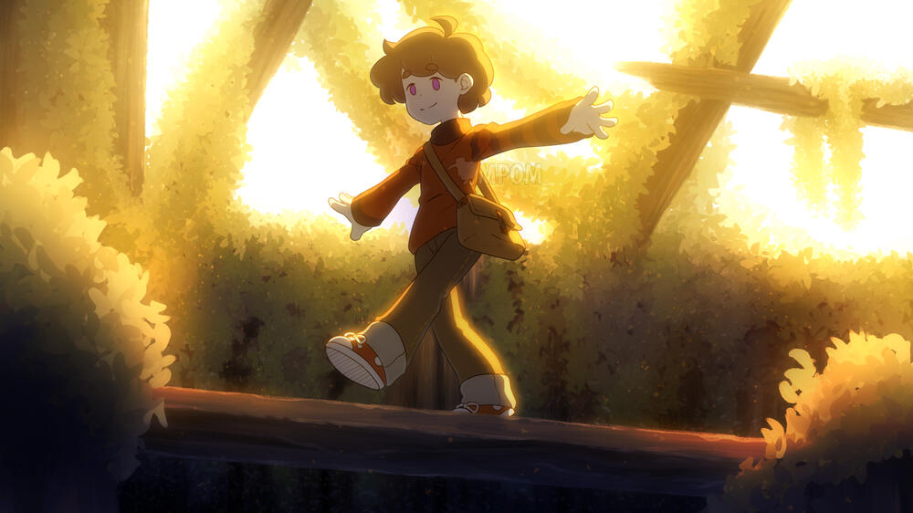 A child walking on a wooden beam in an overgrown, abandoned building.