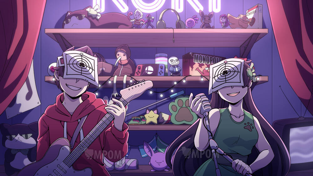 djsmell and Kathy-chan holding a guitar and mic in front of cluttered shelves. Bullseye are pinned on their heads, hiding their eyes.