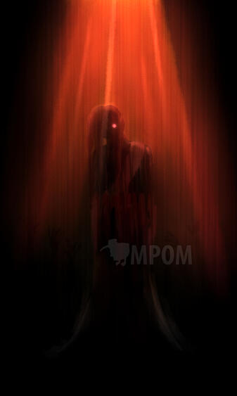 Damien silhouetted by a red light, with the only discernible detail on him being a glowing eye. Everything looks like it's melting.