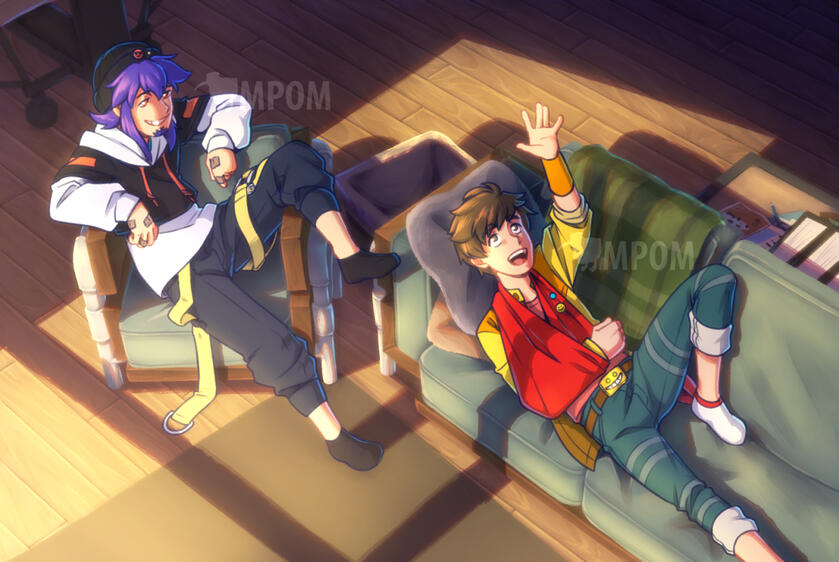 Chai from 2023 game 'Hi-Fi Rush' and my fan character, Tapioca, laying on a couch and sitting in a chair in a dorm.