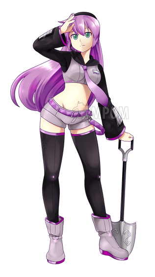 An UTAU named Yasu. She has long, purple hair, a black beanie, purple, gray, and black clothes, with her mid-drift exposed, and she is leaning on a shovel.
