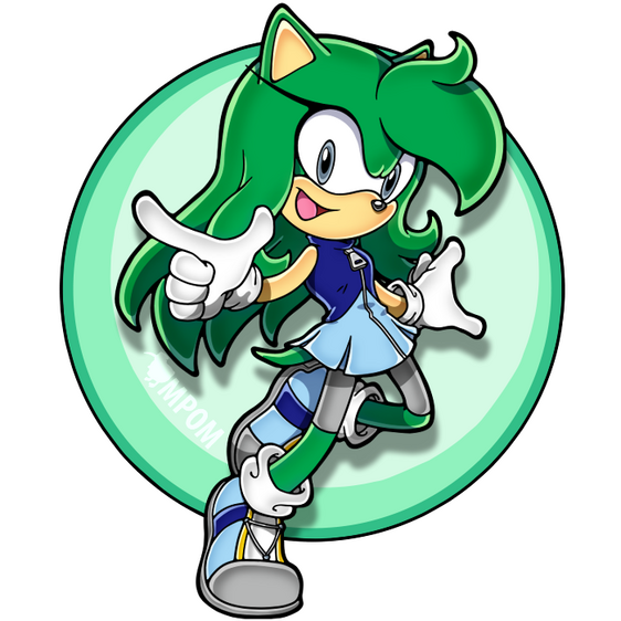 A sonic fan character, named Alex, who is a green hedgehog with long quills, blue and light blue dress, gray leggings, and sneakers. She's positive and energetic.
