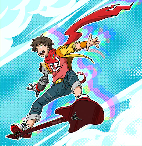Chai from the 2023 game 'Hi-Fi Rush' riding in the air on a guitar.