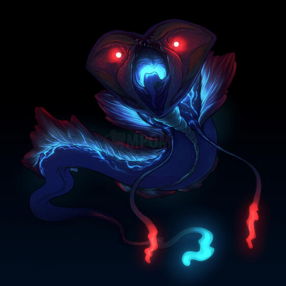 A deep sea-like creature with a wide face, resembling a fringehead fish, and an open maw, covered in red and blue bioluminescent veins.