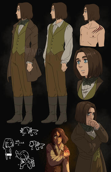 A reference sheet of Daniel from 2010 horror game 'Amnesia: The Dark Descent'. The first two are references with and without his coat. The top corner is a scar on his shoulder. A bust shot. A pensive waist shot. And doodles of axolotl Daniel and Daniel hit