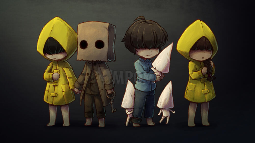 The first four protagonists from the Little Nightmares series. From left to right is Six, Mono, Runaway Kid, and Girl with the Yellow Raincoat.